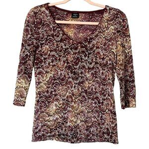 Tribal Womens V Neck Lace Top Size S Multicolor 3/4 Sleeve Artsy Art to Wear VTG